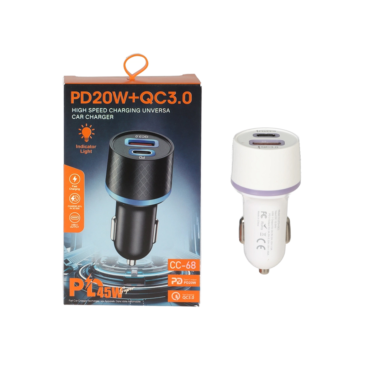 شارژر فندکی PD و فست دو پورت مدل CC-68 45W - سفید DST (گارانتی شش ماهه)